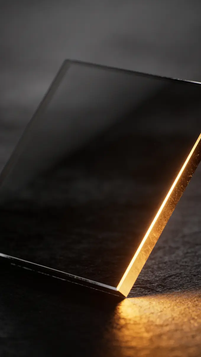 A monolithic slab of dark glass in 9:16 phone proportions, its edge catching a thin line of brass light
